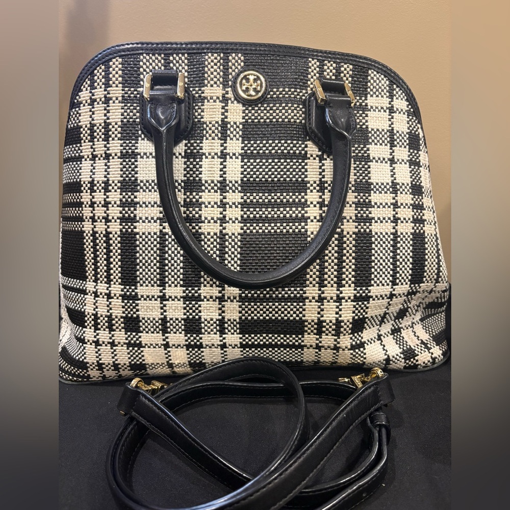 Tory Burch Robinson Plaid Open Dome Satchel Crossbody